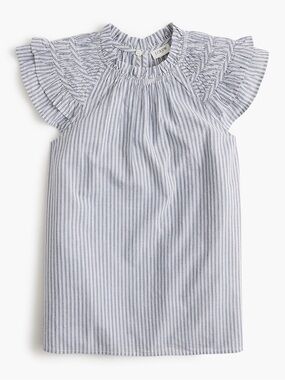 J.CREW Women’s Flutter-Sleeve Blue Striped Blouse Size L 100% Cotton Top Ruffle